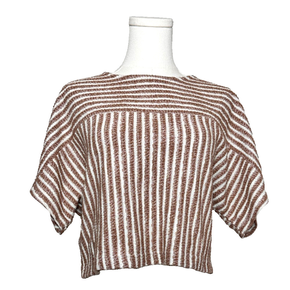 Lou Grey Cotton Blend Striped Cropped Dolman Sleeve Top Brown White Small